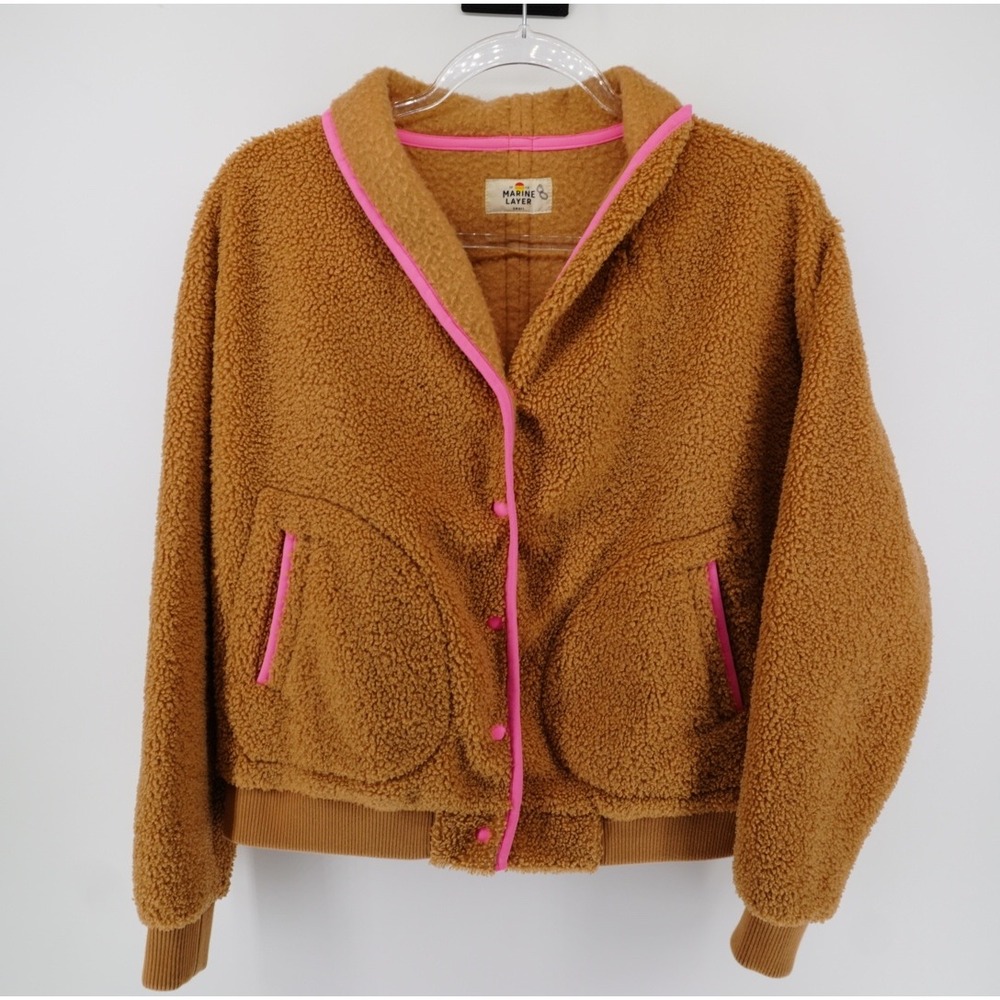 Marine Layer Sherpa Fleece Bomber Jacket Brown Pink Trim Small Gorpcore